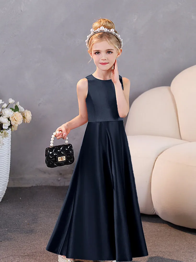 Round Neck Pleated Satin Junior Bridesmaid Dresses Sleeveless