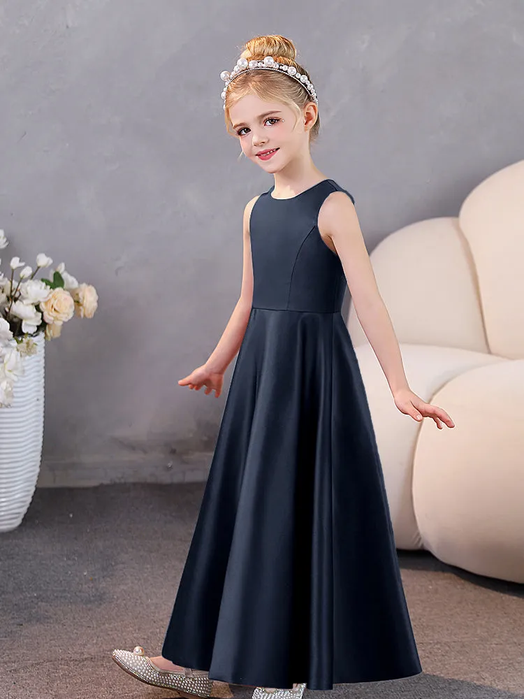 Round Neck Pleated Satin Junior Bridesmaid Dresses Sleeveless