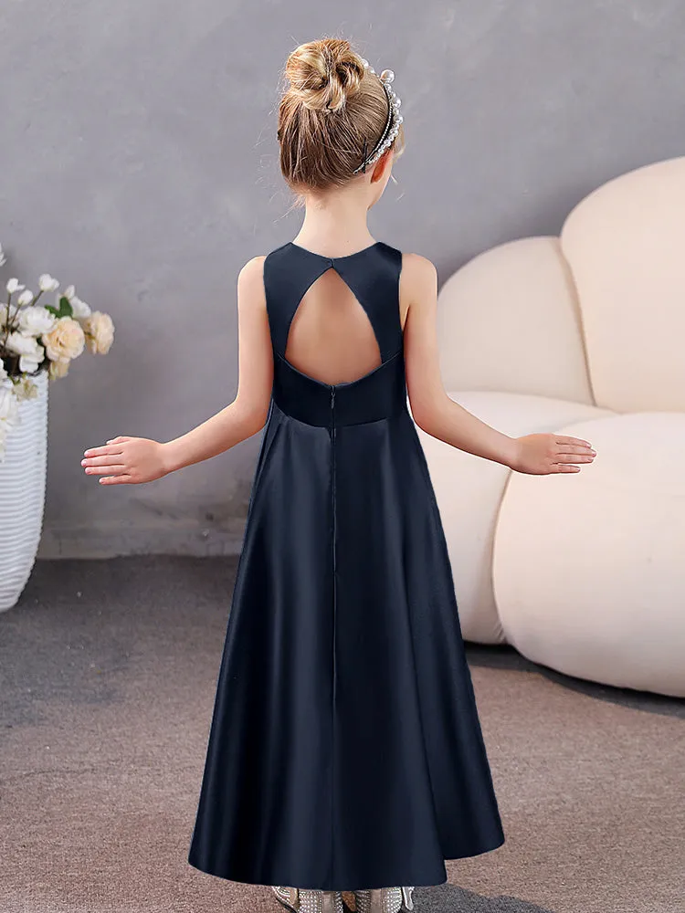 Round Neck Pleated Satin Junior Bridesmaid Dresses Sleeveless