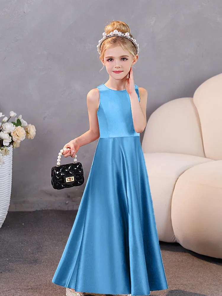 Round Neck Pleated Satin Junior Bridesmaid Dresses Sleeveless