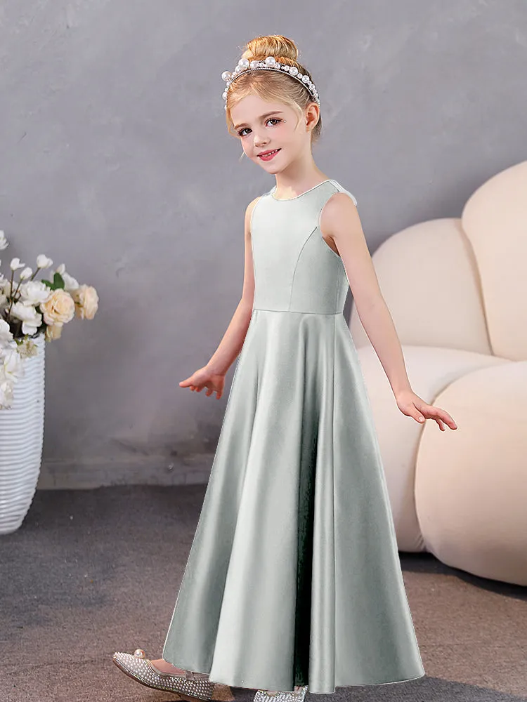 Round Neck Pleated Satin Junior Bridesmaid Dresses Sleeveless