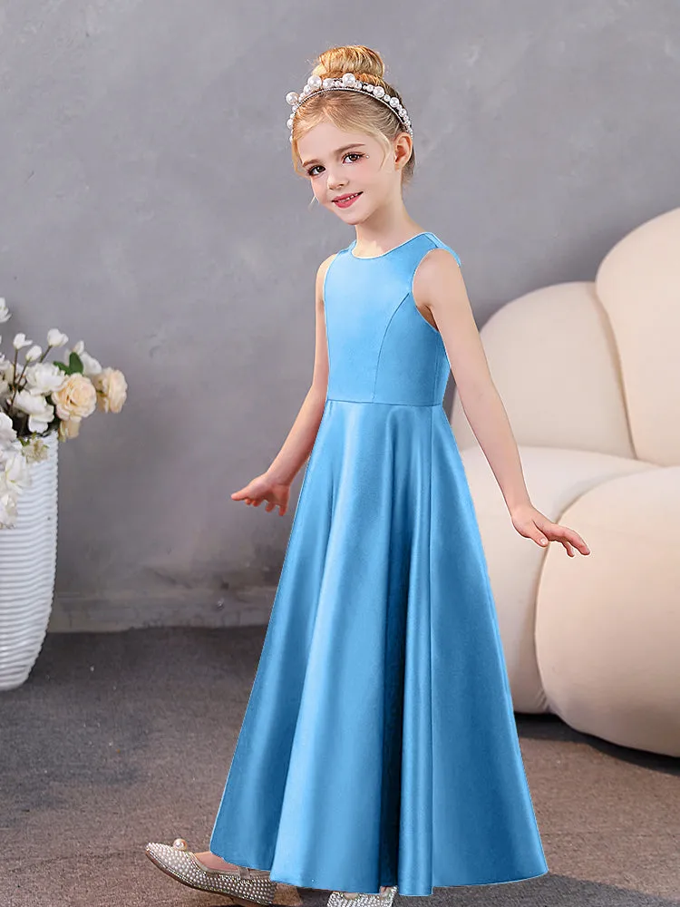 Round Neck Pleated Satin Junior Bridesmaid Dresses Sleeveless