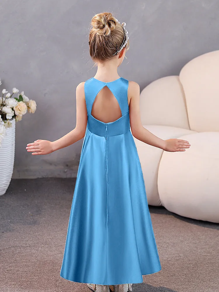 Round Neck Pleated Satin Junior Bridesmaid Dresses Sleeveless