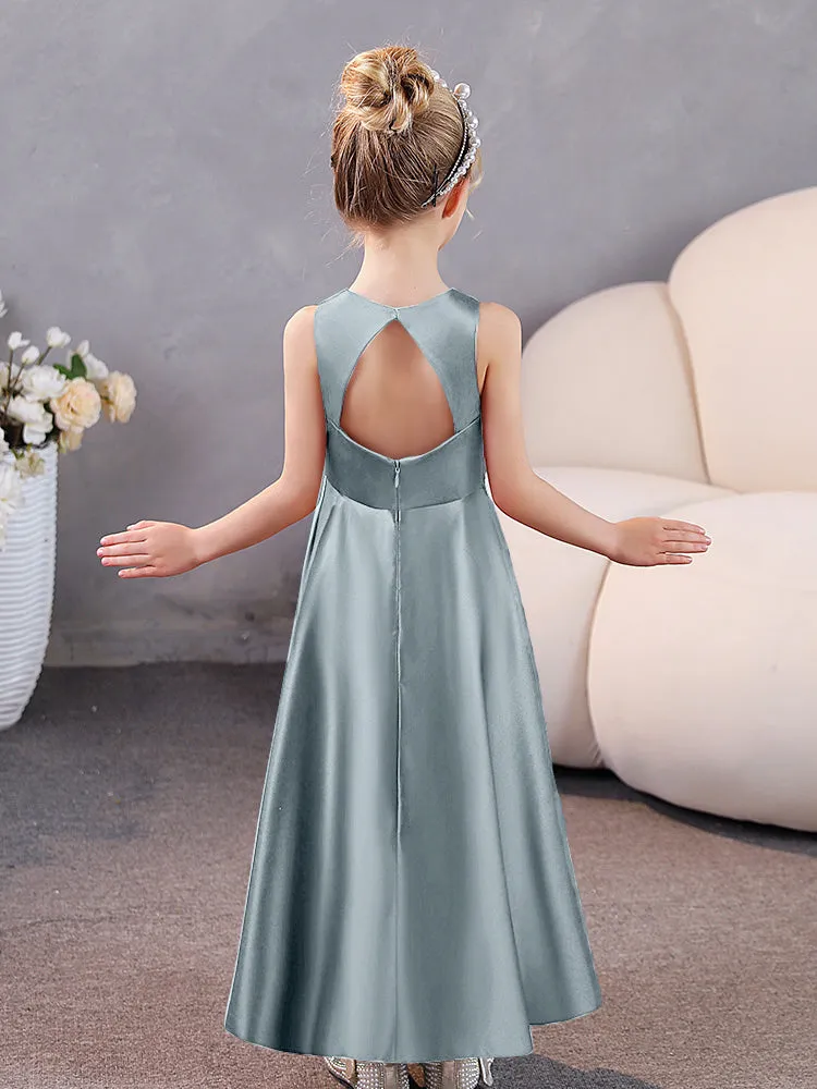 Round Neck Pleated Satin Junior Bridesmaid Dresses Sleeveless