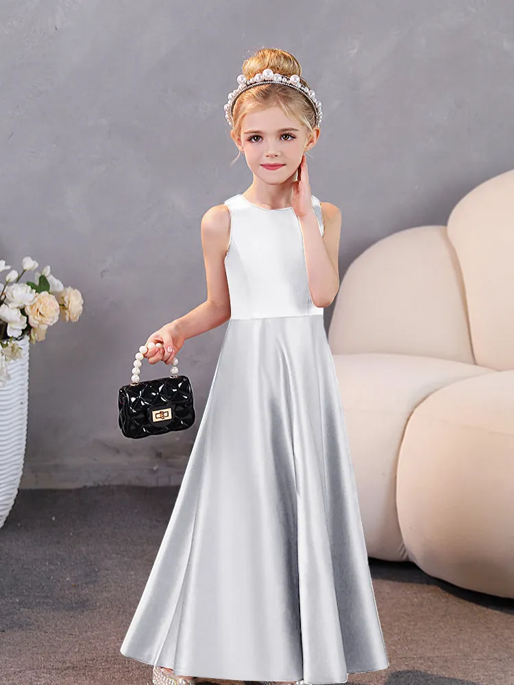 Round Neck Pleated Satin Junior Bridesmaid Dresses Sleeveless