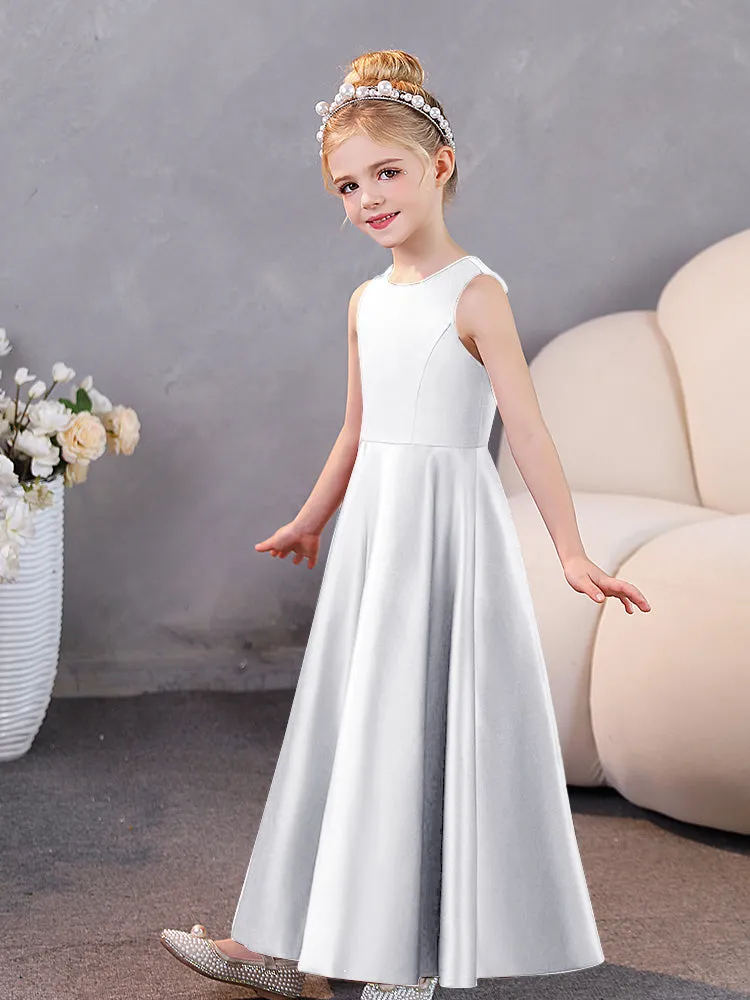 Round Neck Pleated Satin Junior Bridesmaid Dresses Sleeveless