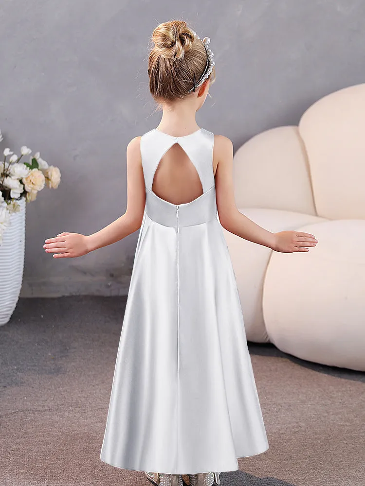 Round Neck Pleated Satin Junior Bridesmaid Dresses Sleeveless