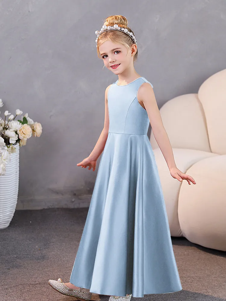 Round Neck Pleated Satin Junior Bridesmaid Dresses Sleeveless