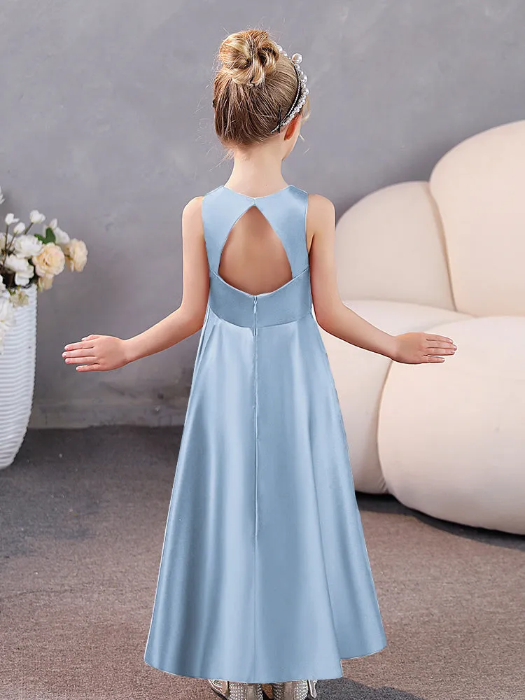 Round Neck Pleated Satin Junior Bridesmaid Dresses Sleeveless