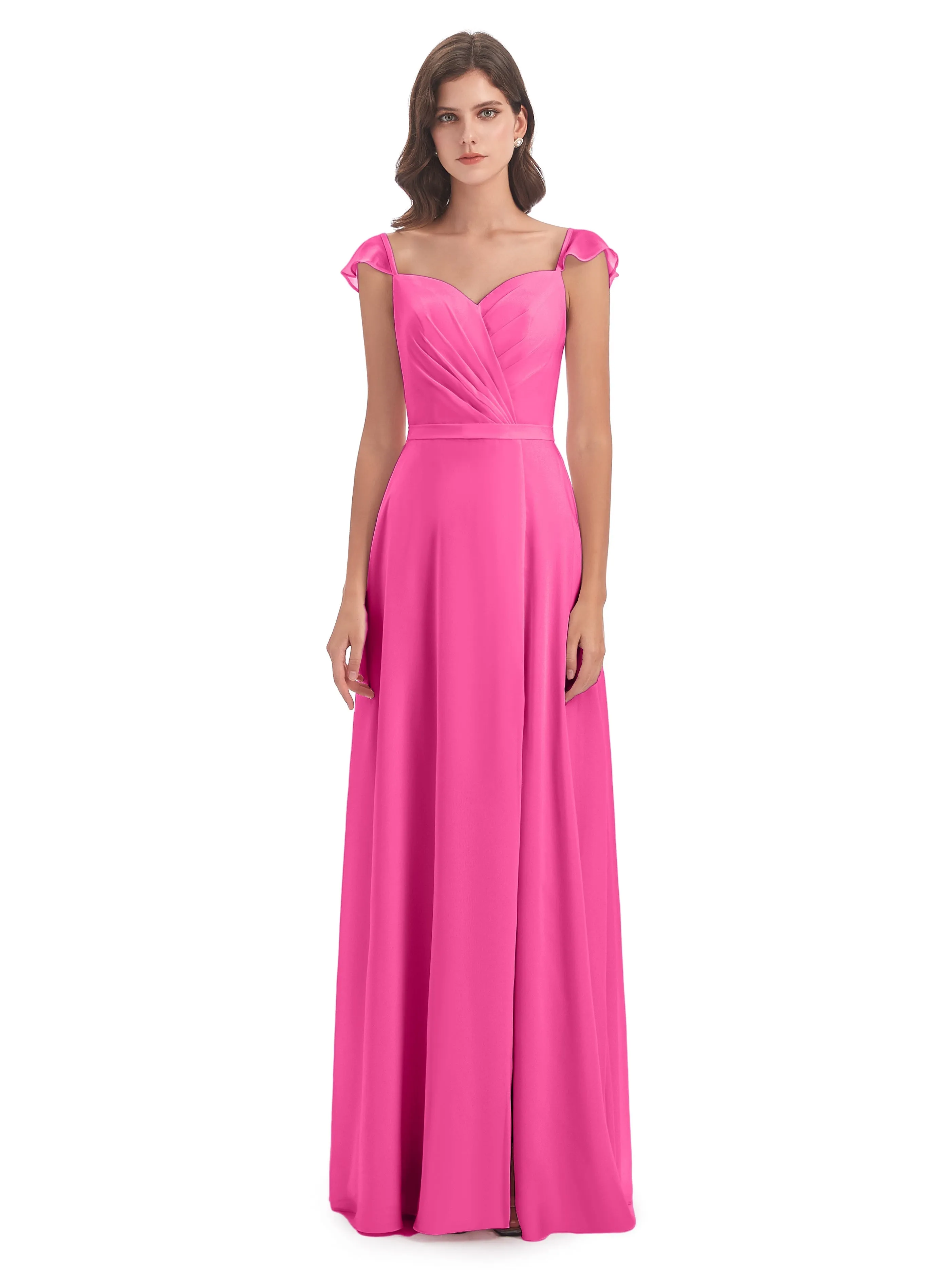 Front-Slit Sheath/Column Cap Sleeve Evening Gowns