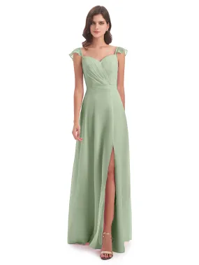 Front-Slit Sheath/Column Cap Sleeve Evening Gowns