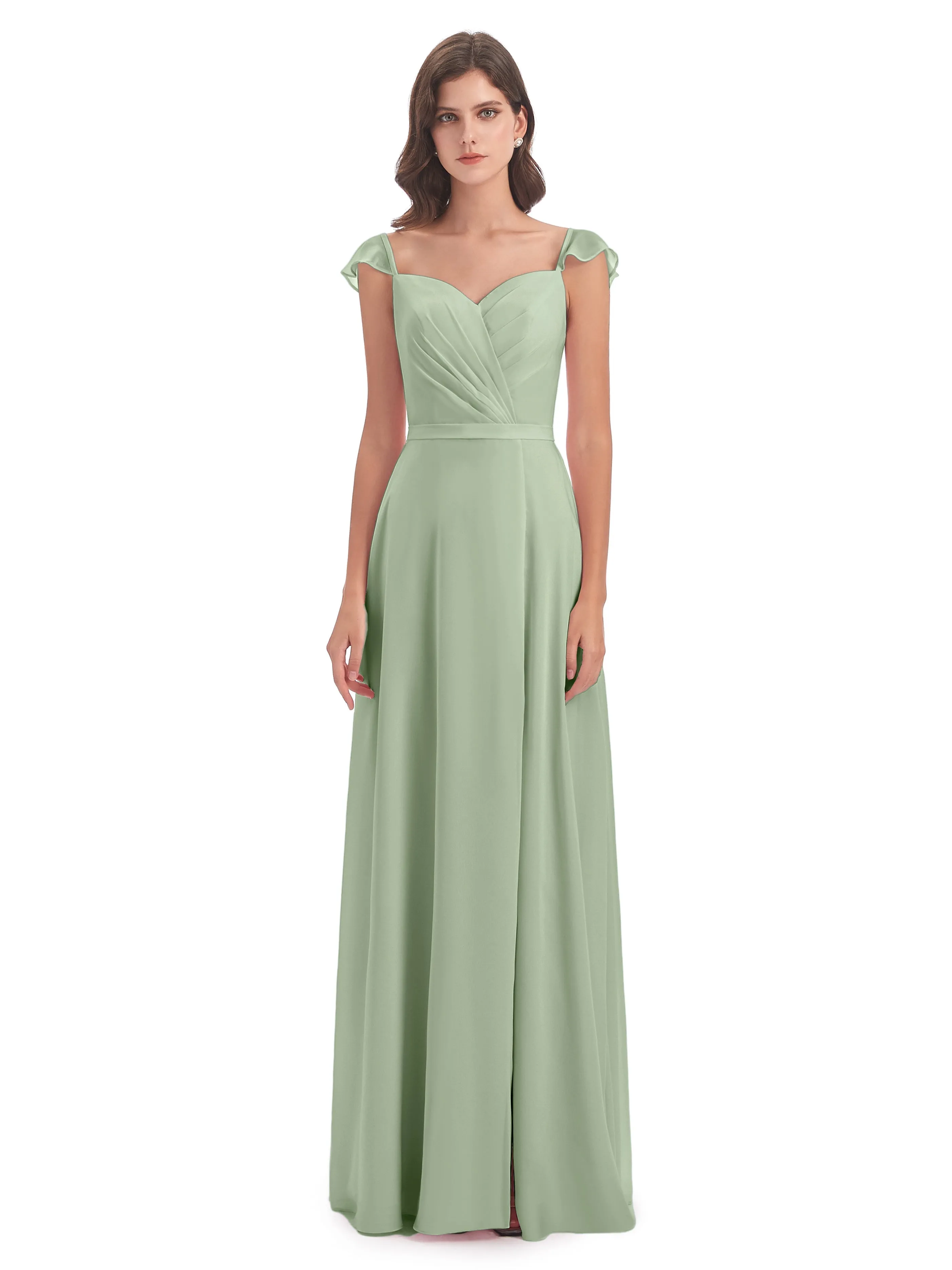 Front-Slit Sheath/Column Cap Sleeve Evening Gowns