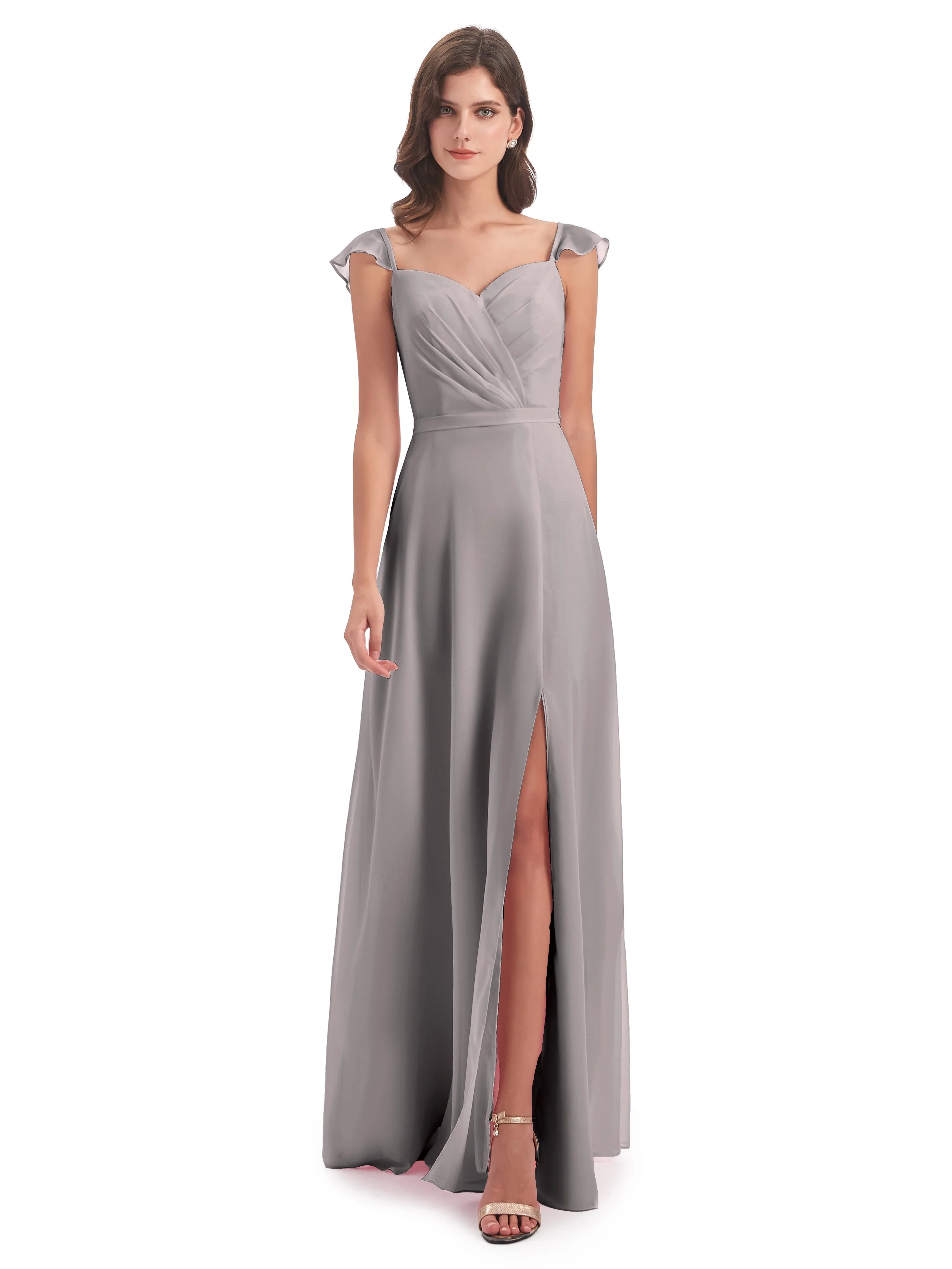 Front-Slit Sheath/Column Cap Sleeve Evening Gowns