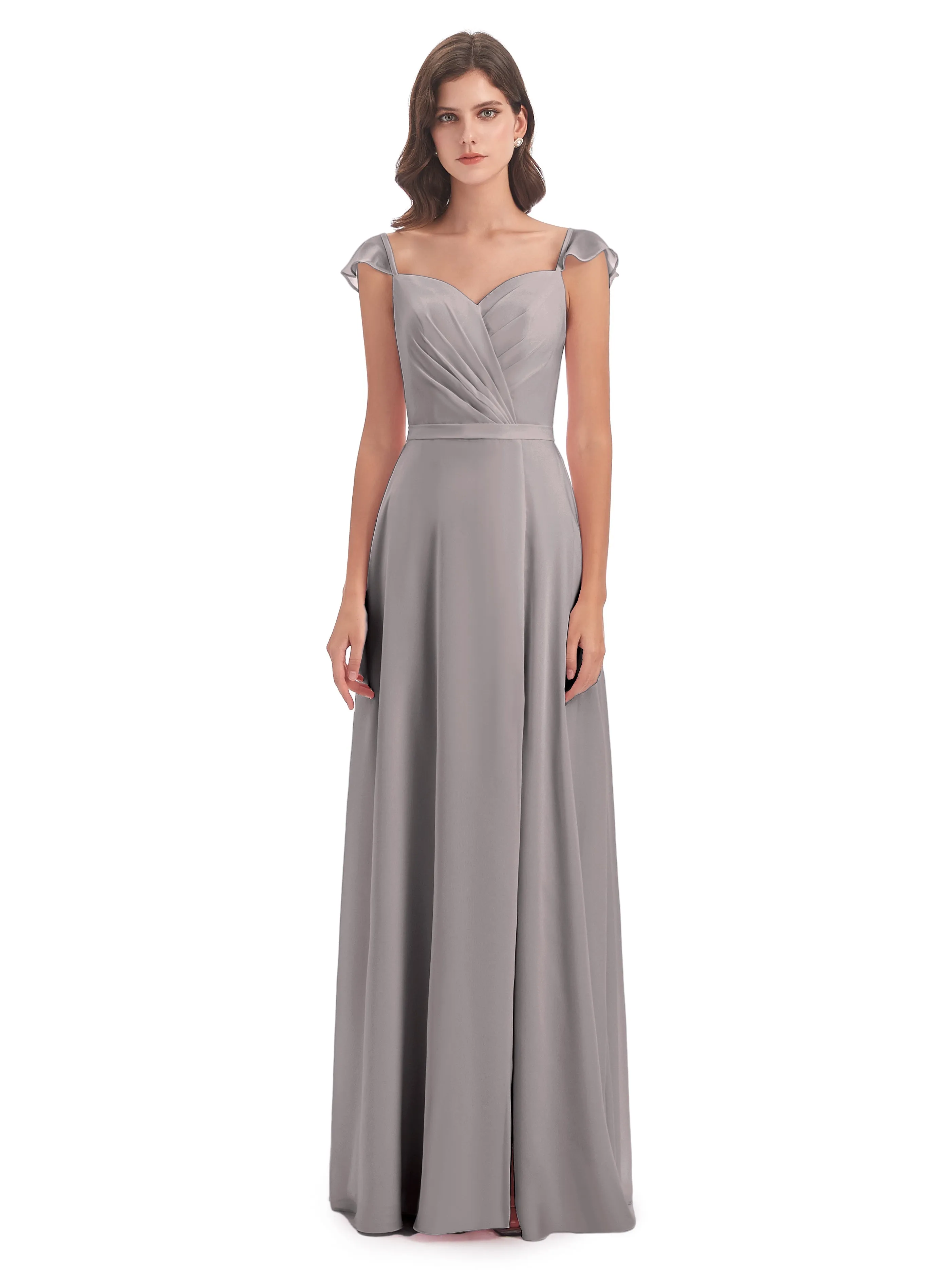 Front-Slit Sheath/Column Cap Sleeve Evening Gowns