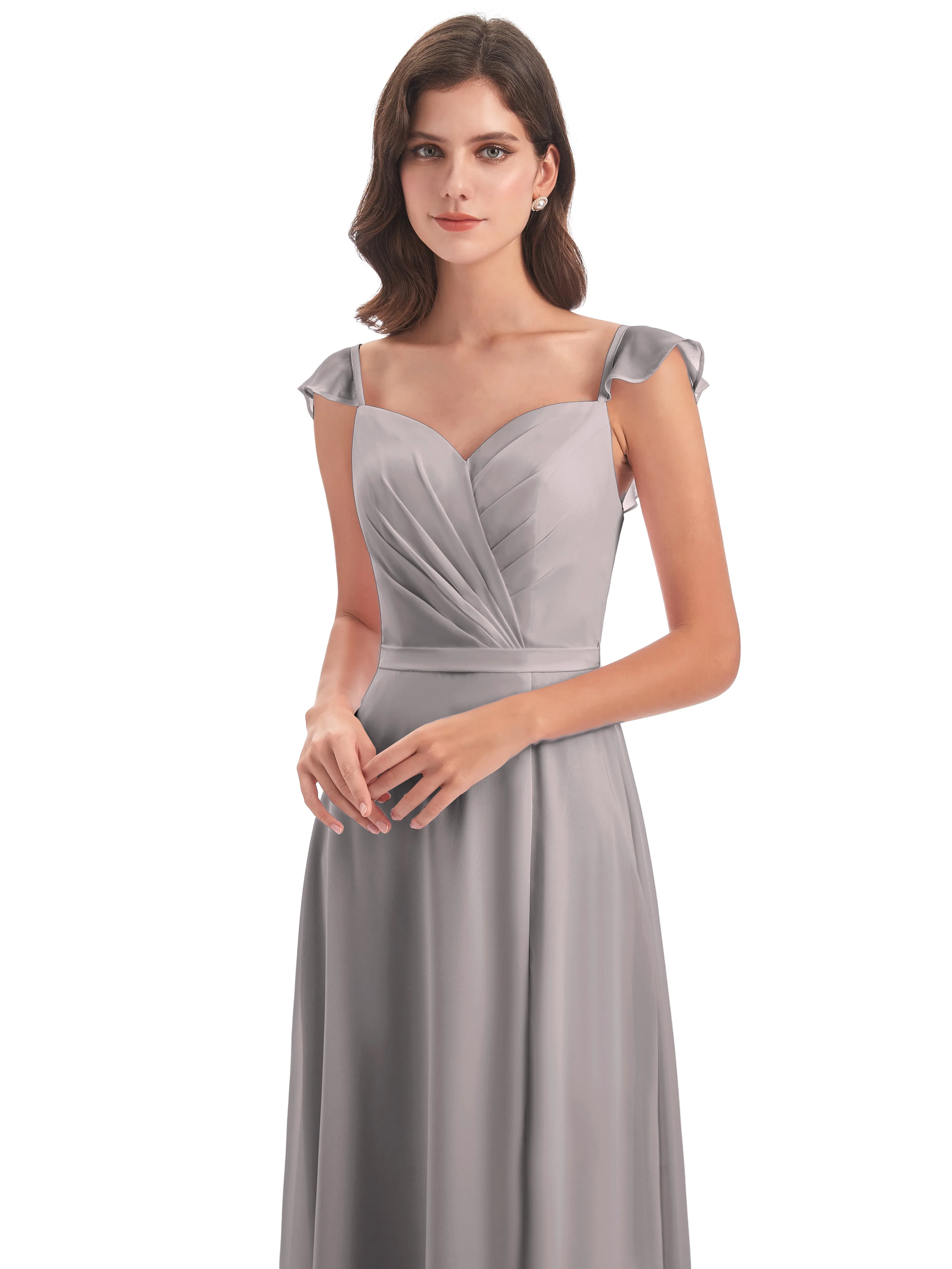 Front-Slit Sheath/Column Cap Sleeve Evening Gowns