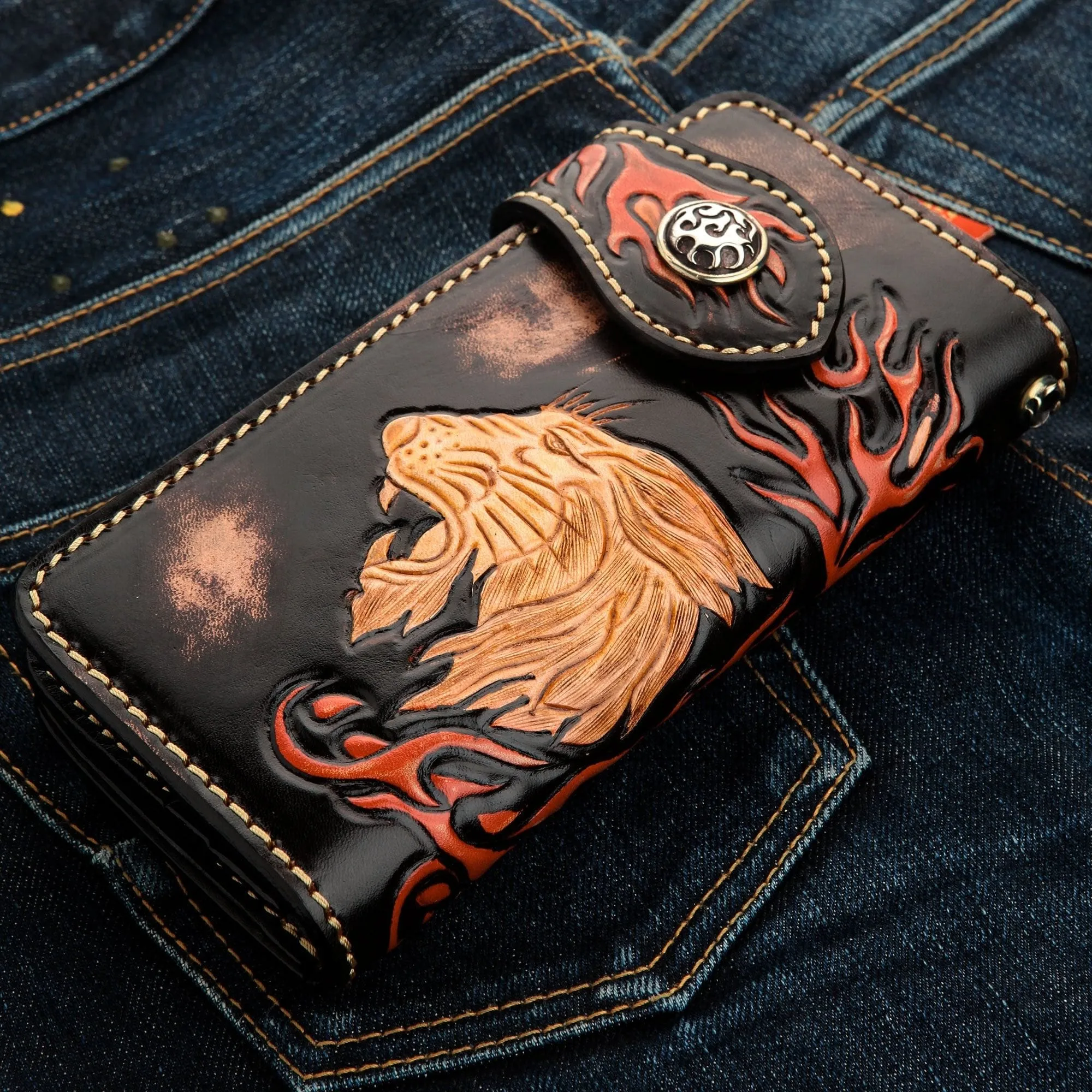 Wild Lion Carved Biker Wallet