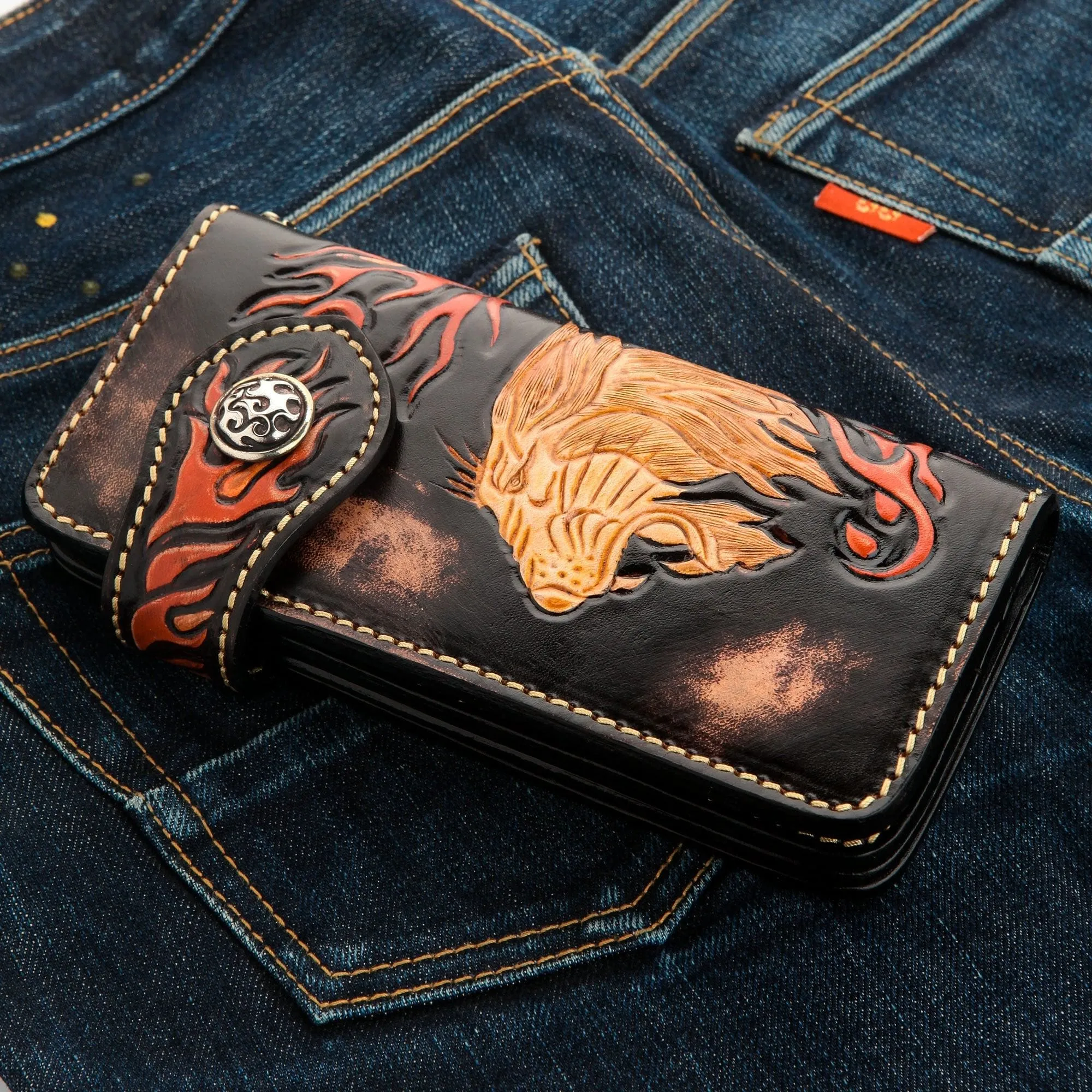 Wild Lion Carved Biker Wallet