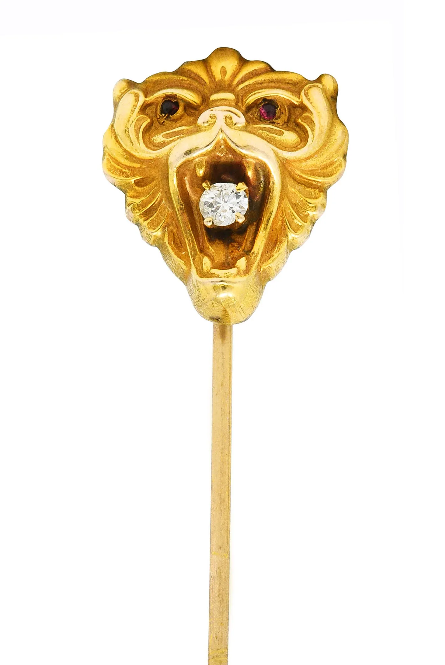 Art Nouveau Lion Animal Stickpin Diamond Yellow Gold 14 Karat