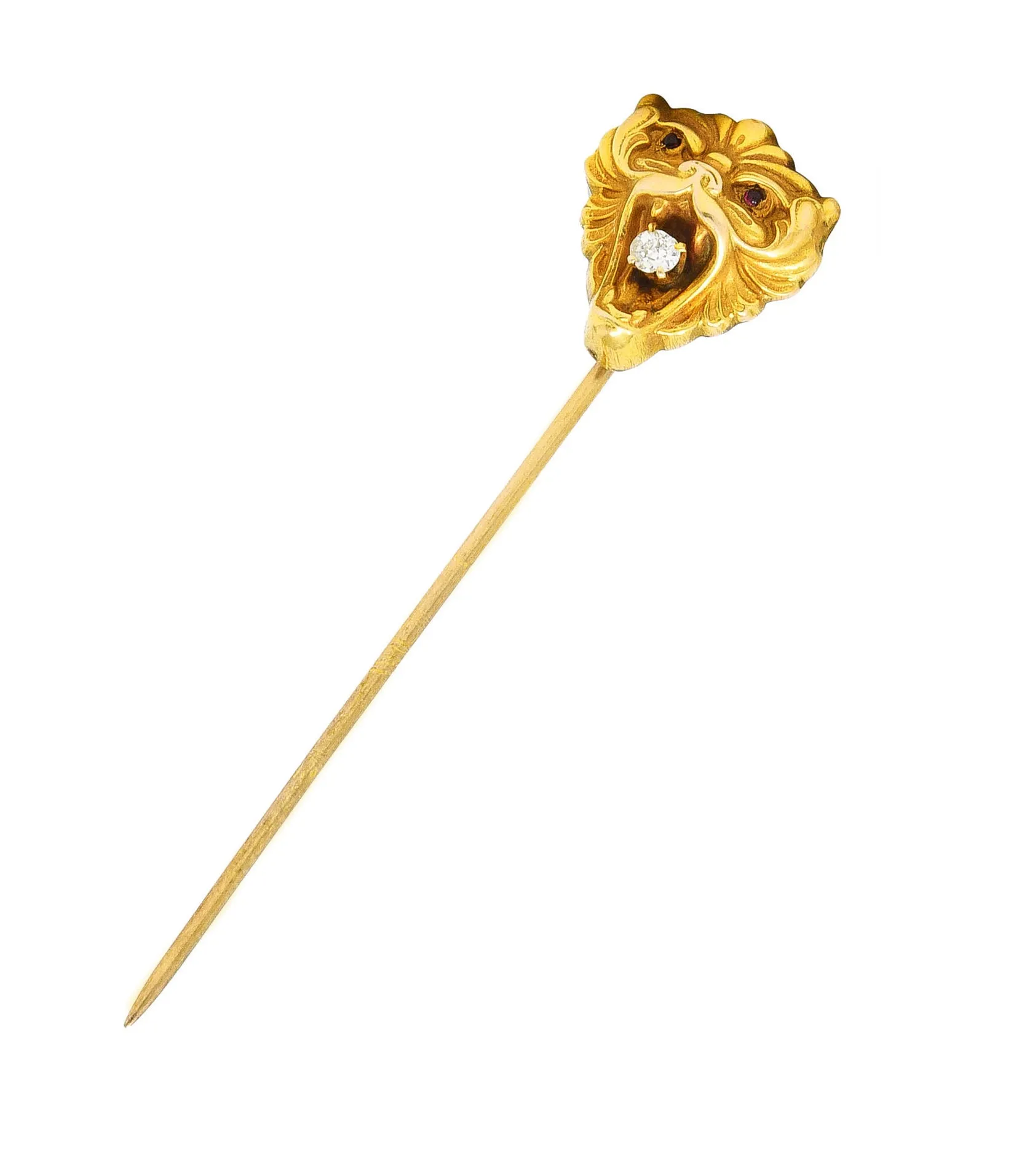 Art Nouveau Lion Animal Stickpin Diamond Yellow Gold 14 Karat