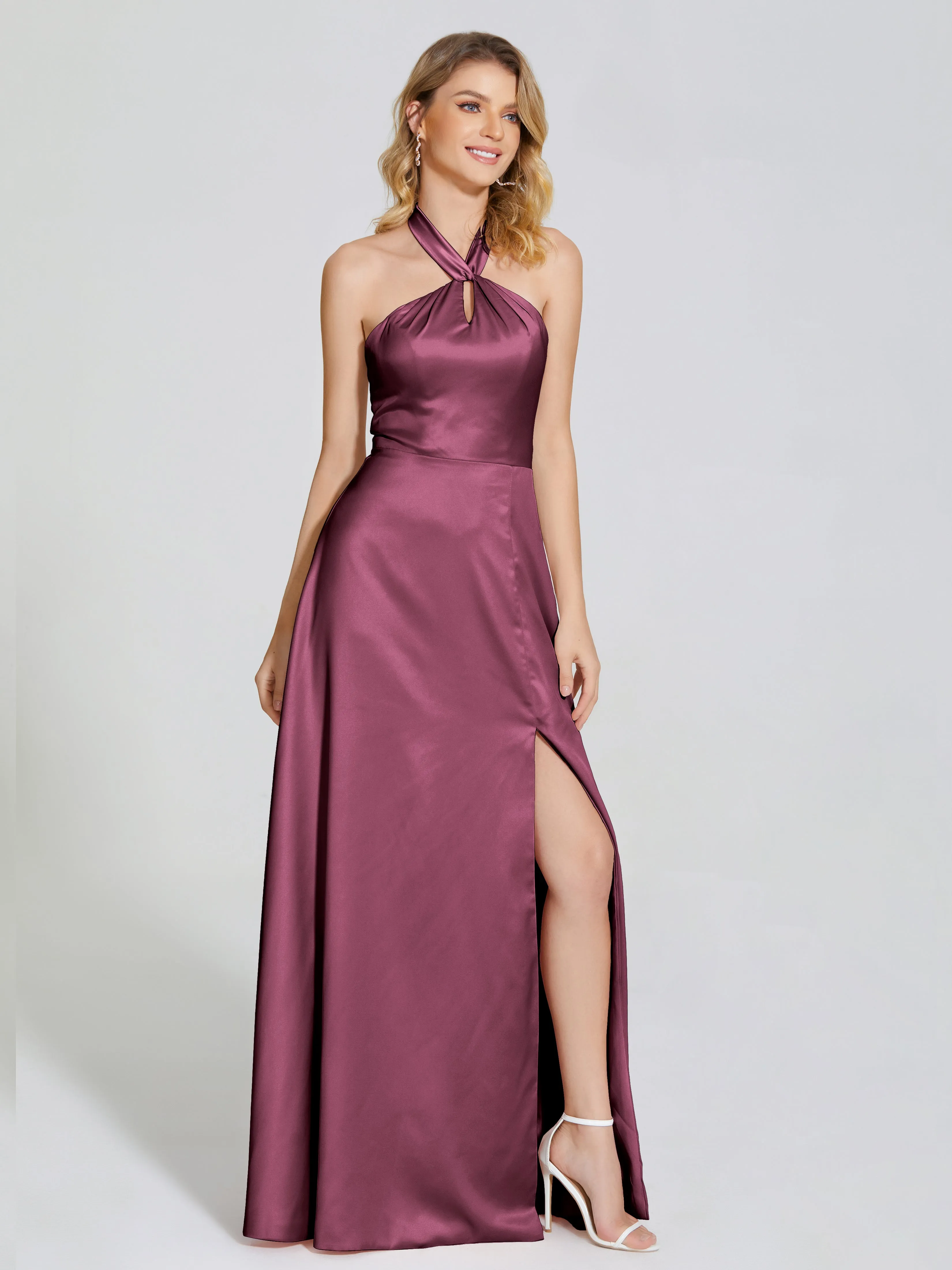 Open Back Halter Front-Slit Soft Satin Evening Gowns