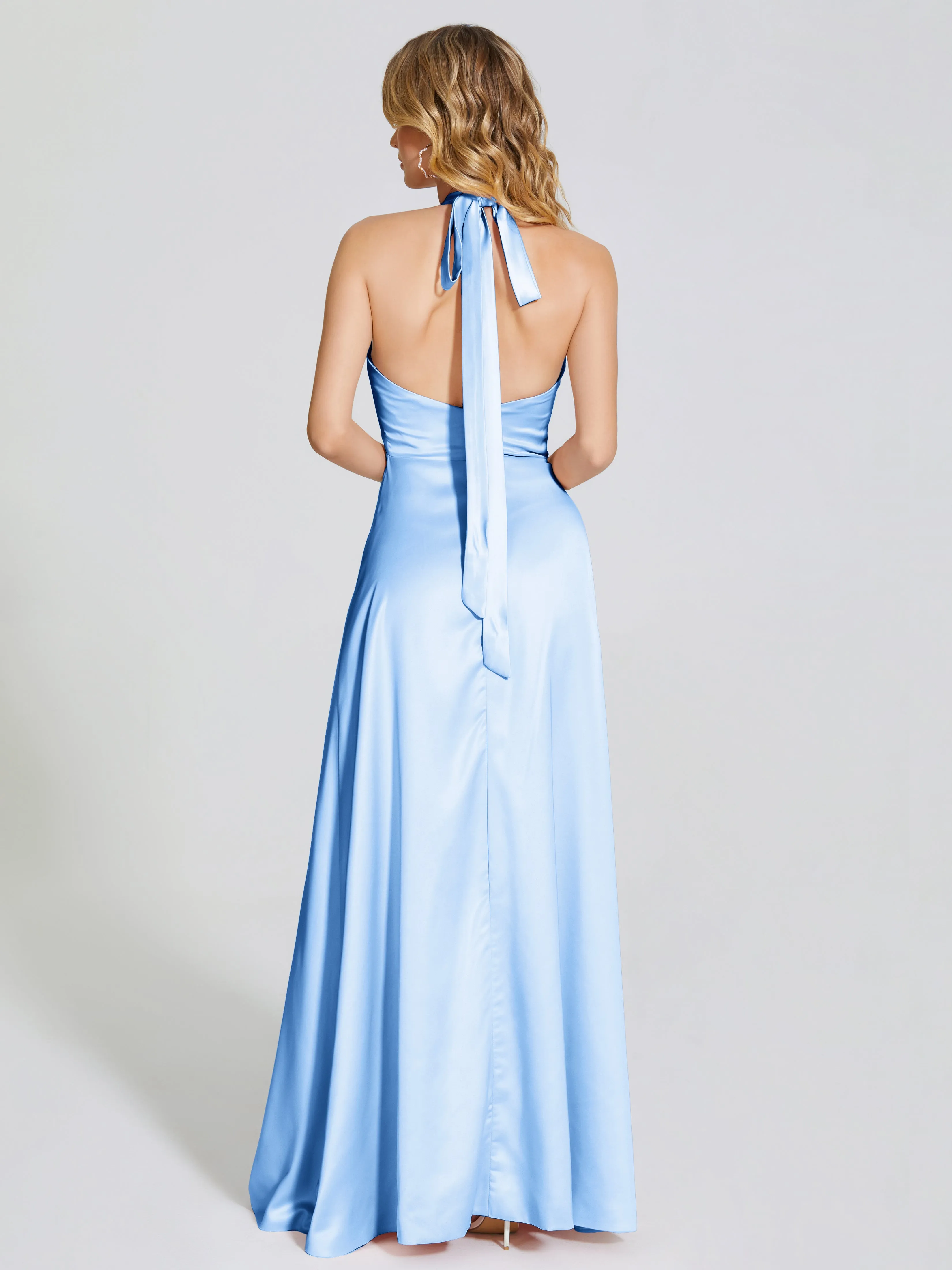 Open Back Halter Front-Slit Soft Satin Evening Gowns