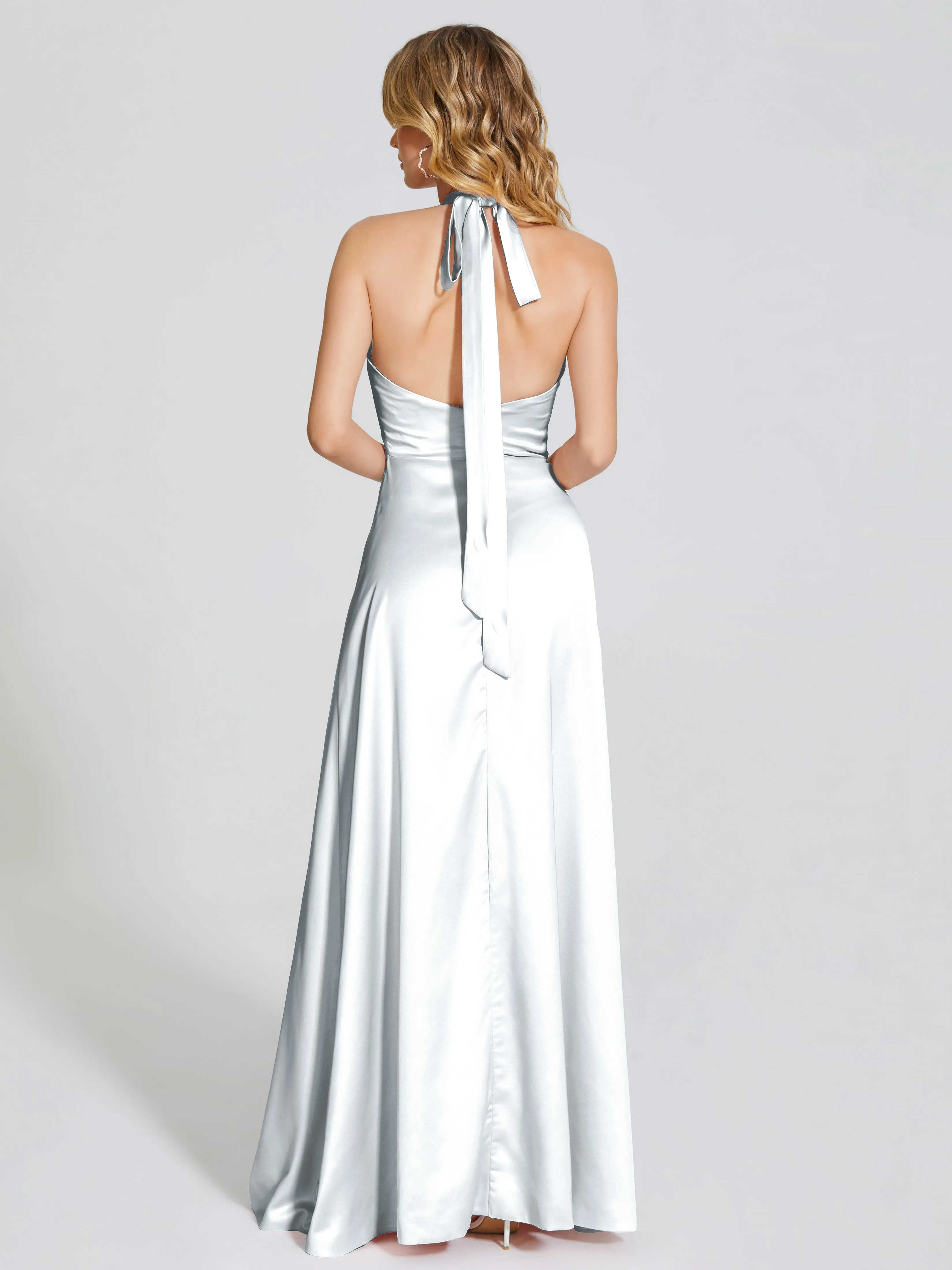 Open Back Halter Front-Slit Soft Satin Evening Gowns