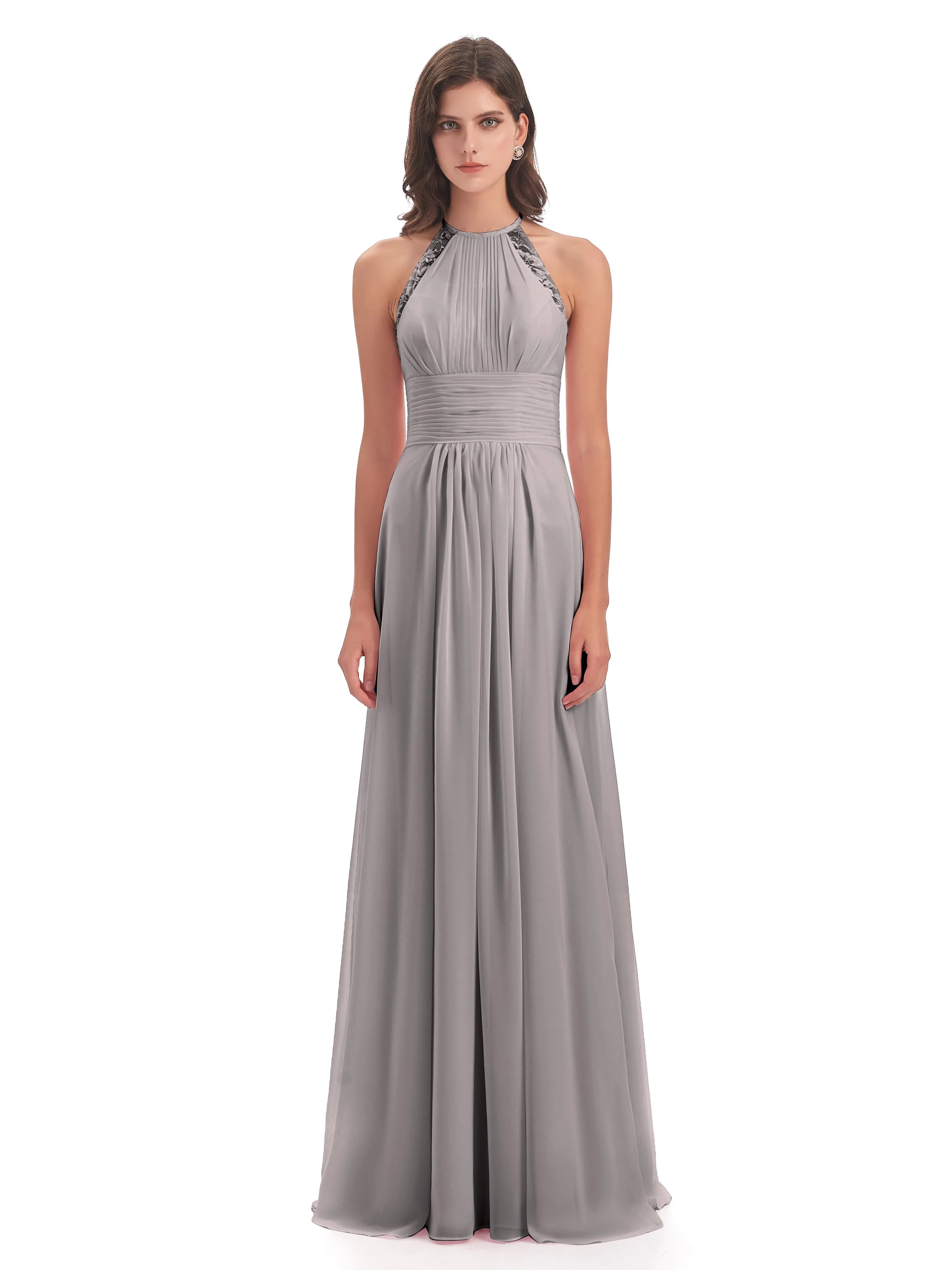 Sheath/Column Halter Chiffon/Lace Bridesmaid Dresses