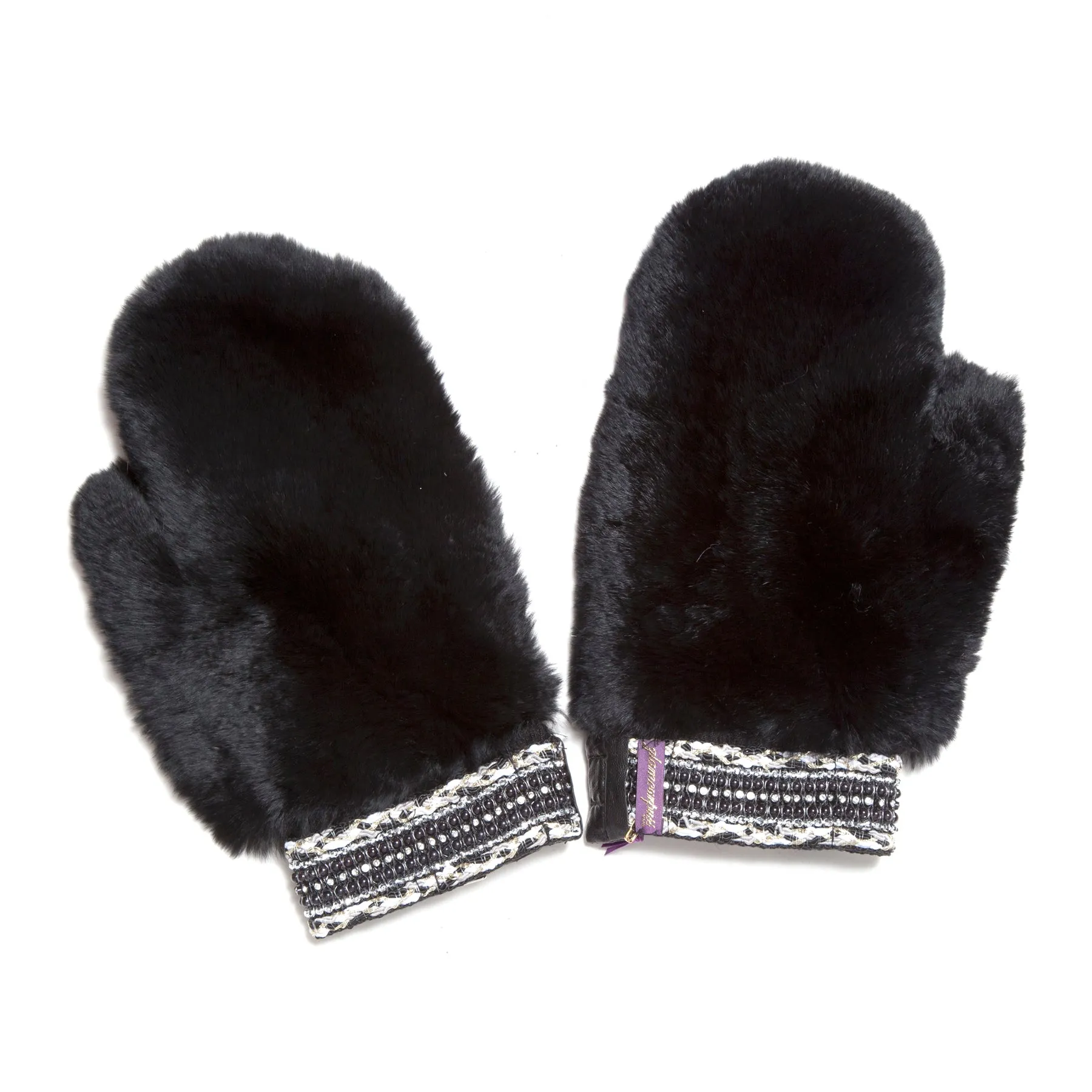 Black or White Embellished Cuff Rex Rabbit Mitten