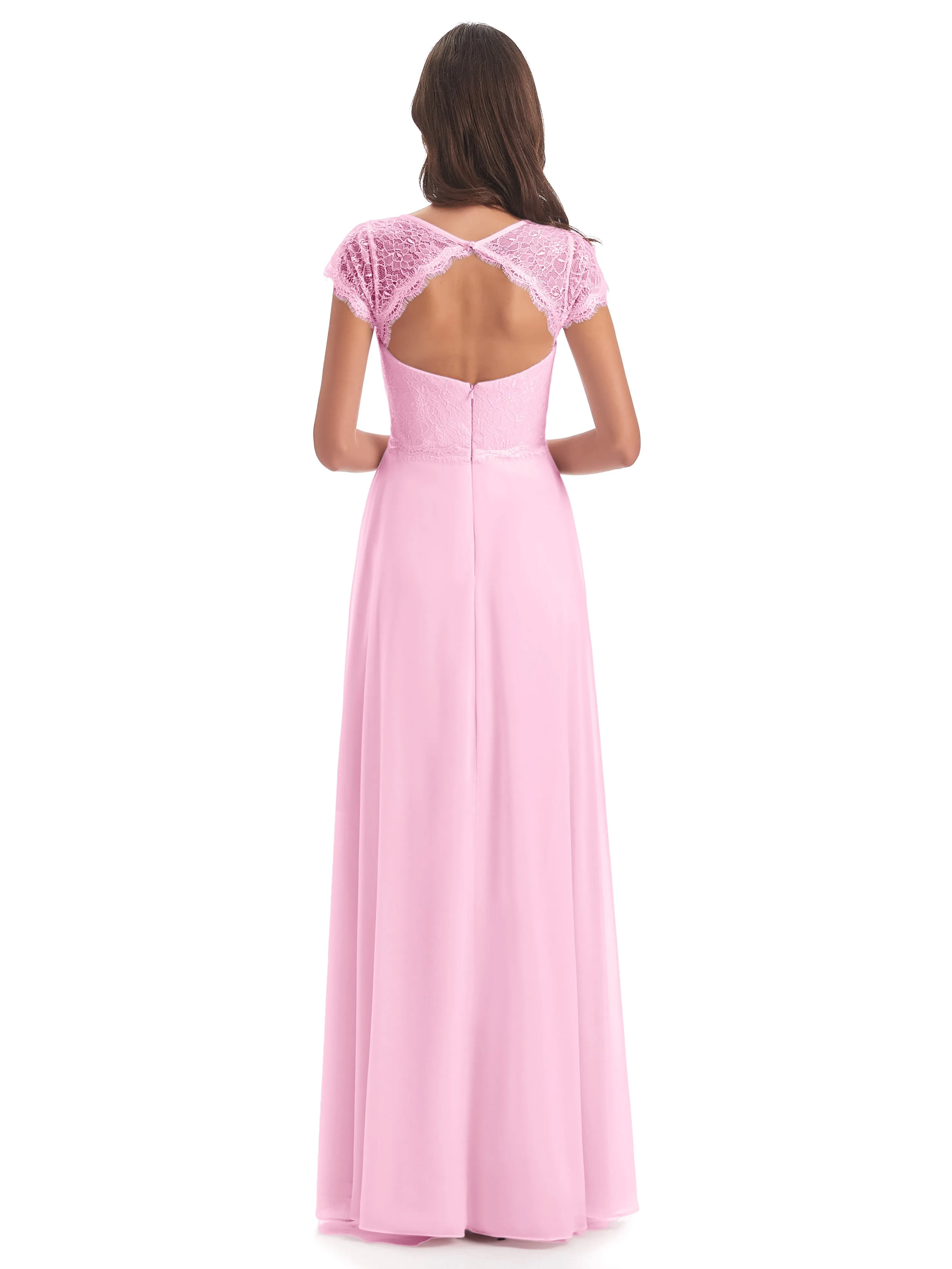 Open Back Short Sleeve Chiffon/Lace Evening Dresses