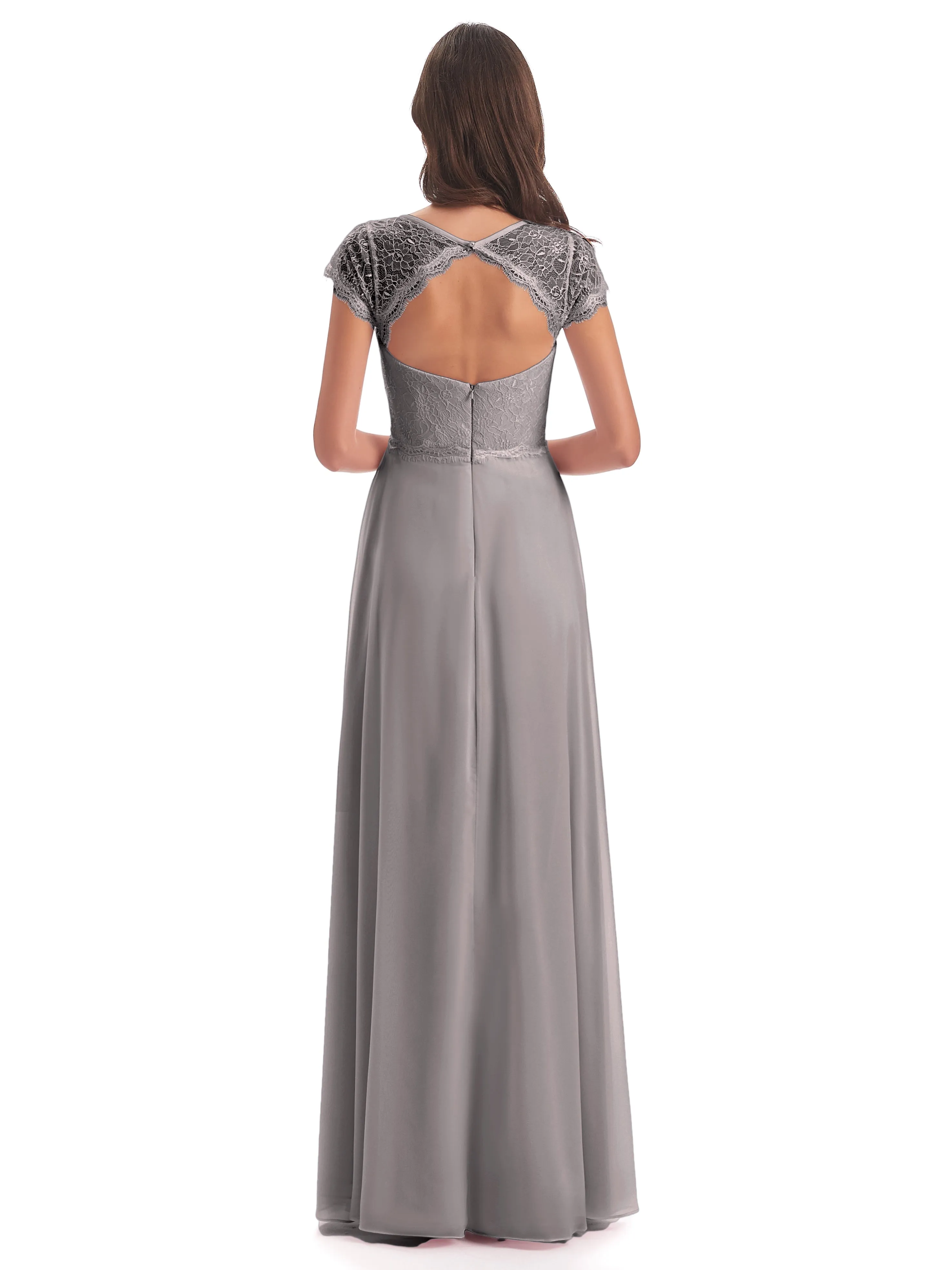 Open Back Short Sleeve Chiffon/Lace Evening Dresses