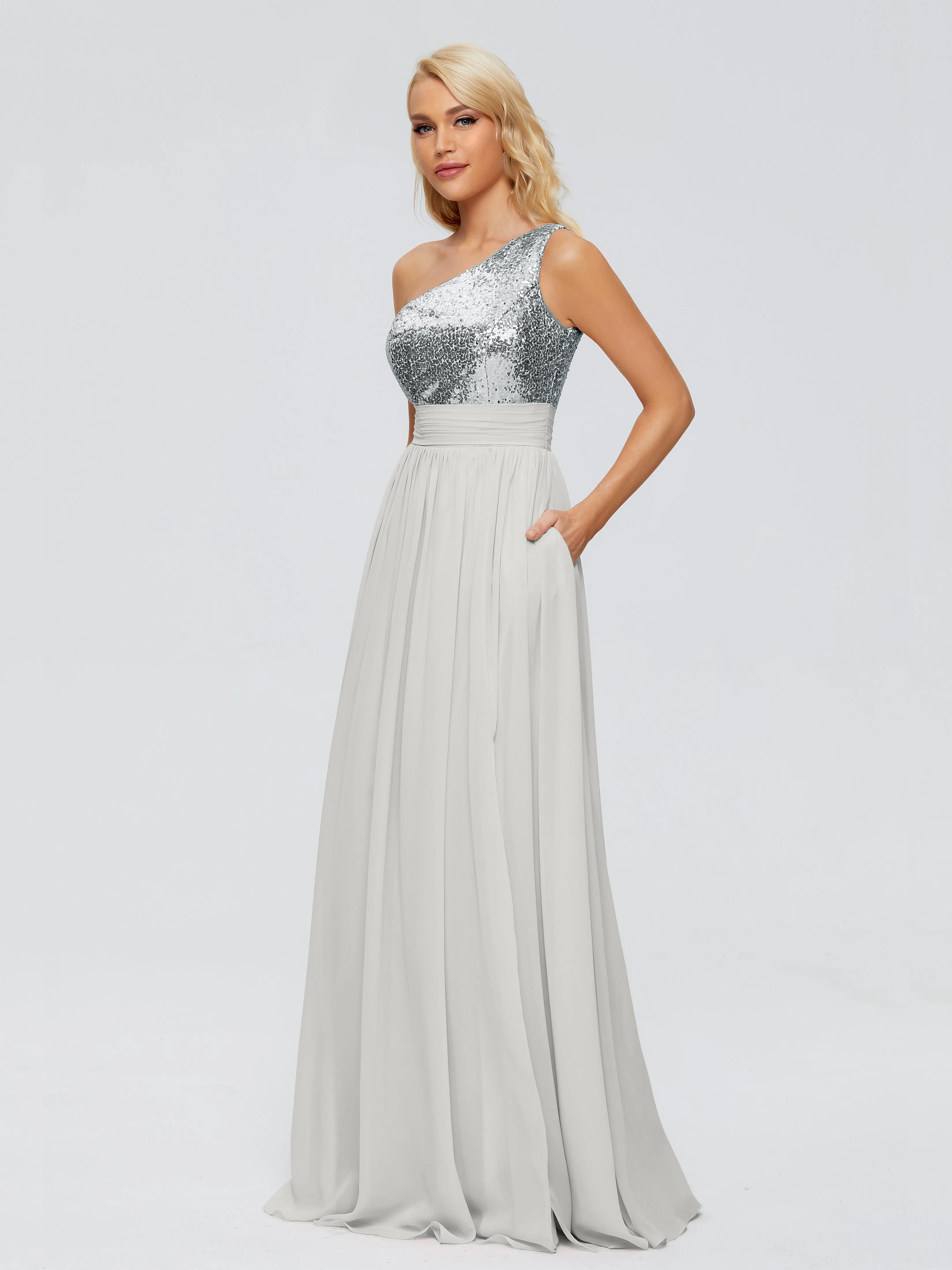 Margaret One-Shoulder Party Dress with Sequins/Chiffon