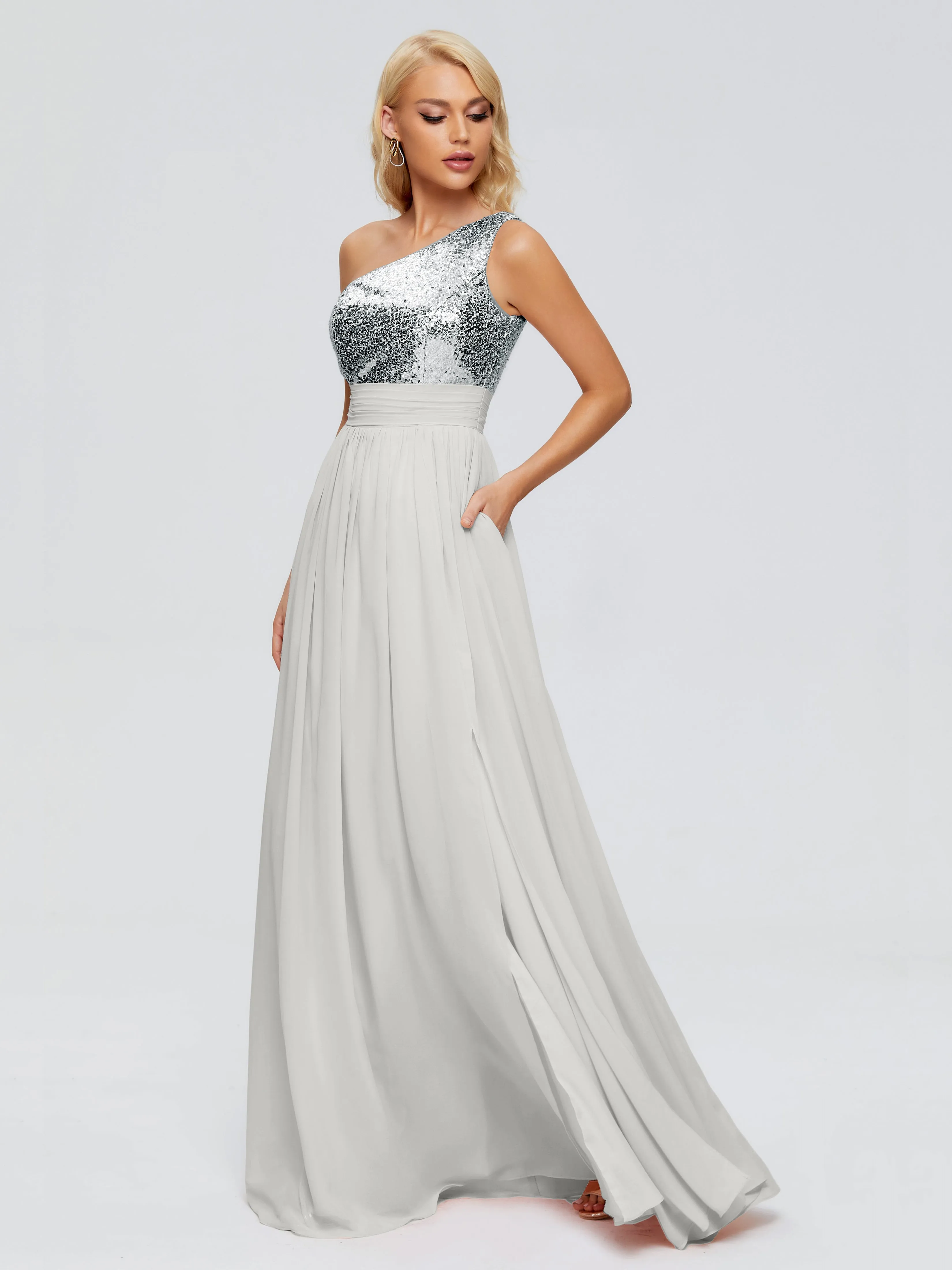 Margaret One-Shoulder Party Dress with Sequins/Chiffon