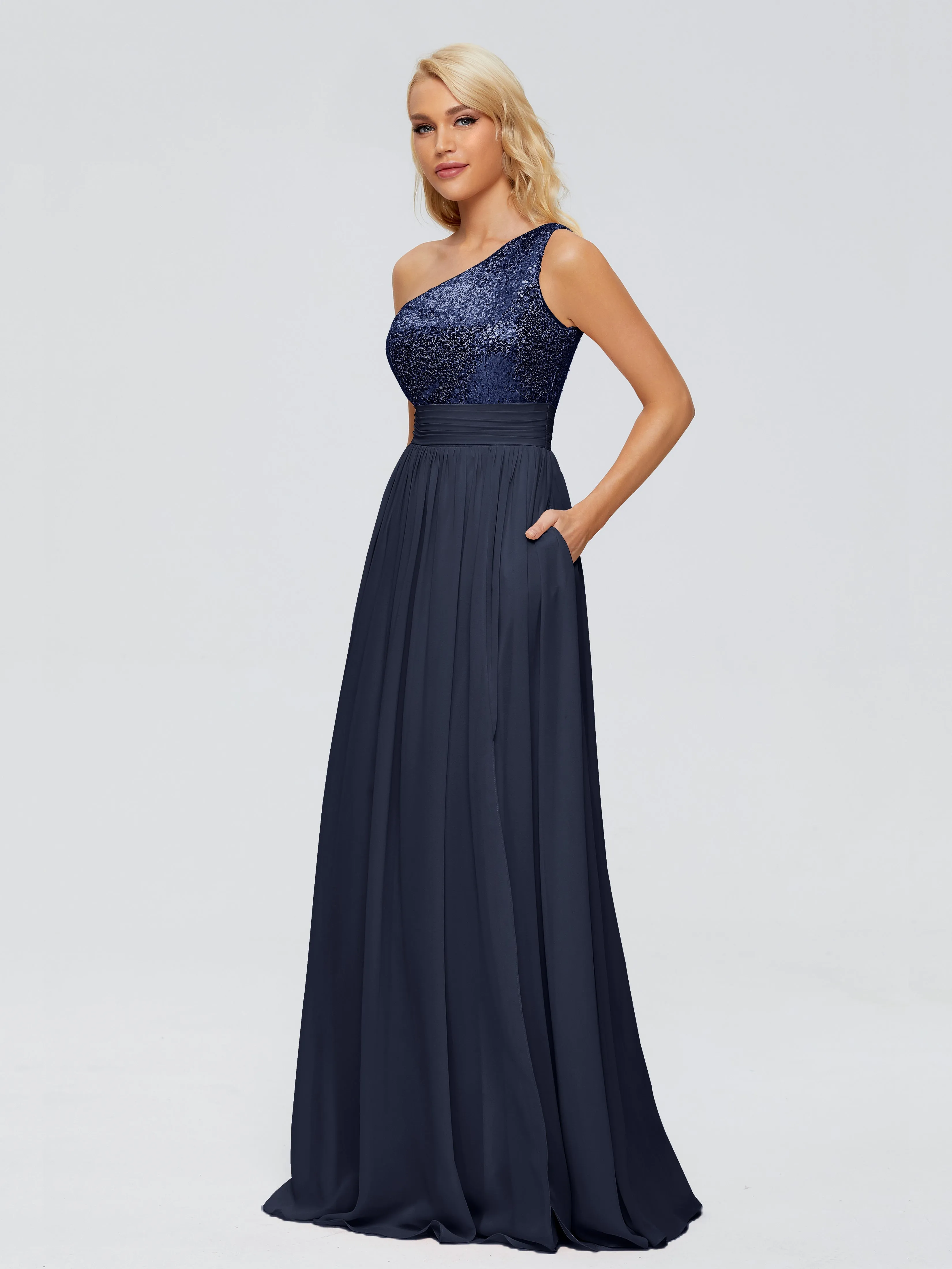 Margaret One-Shoulder Party Dress with Sequins/Chiffon