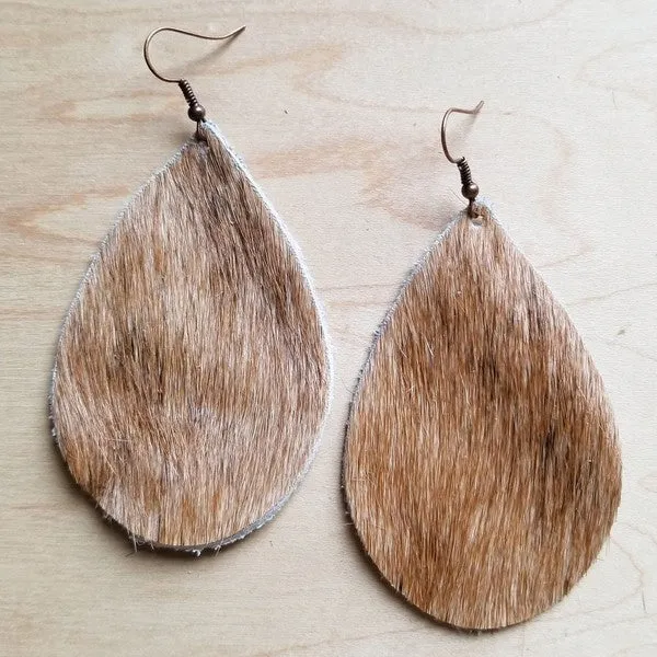 Tan and White Hair Leather Teardrop Earrings,