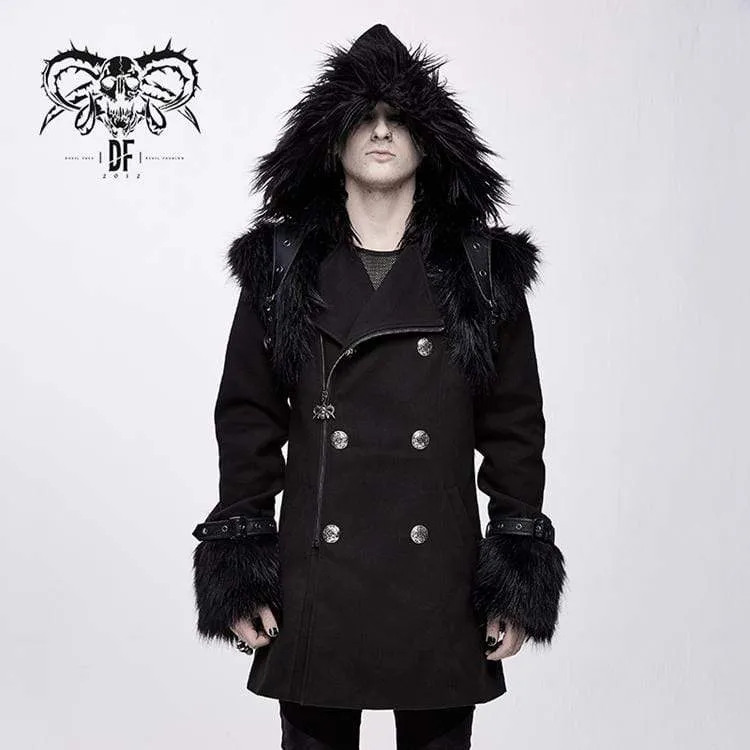 Men's Double-Breasted Faux Fur Hooded Coat for Goths