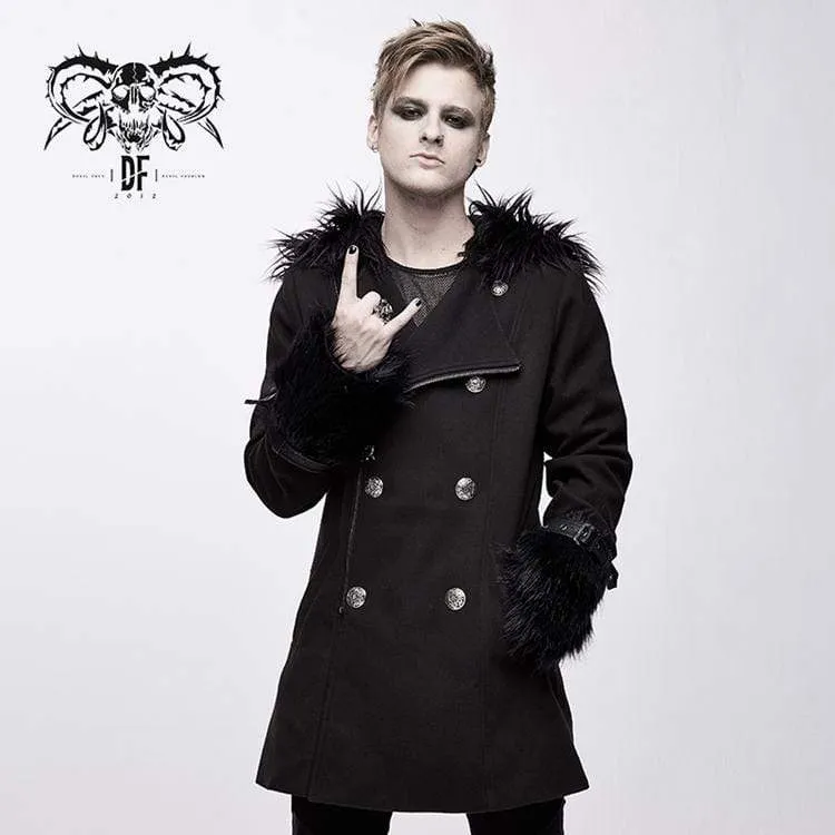 Men's Double-Breasted Faux Fur Hooded Coat for Goths