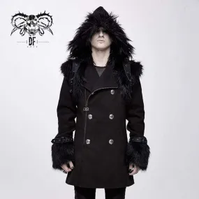 Men's Double-Breasted Faux Fur Hooded Coat for Goths