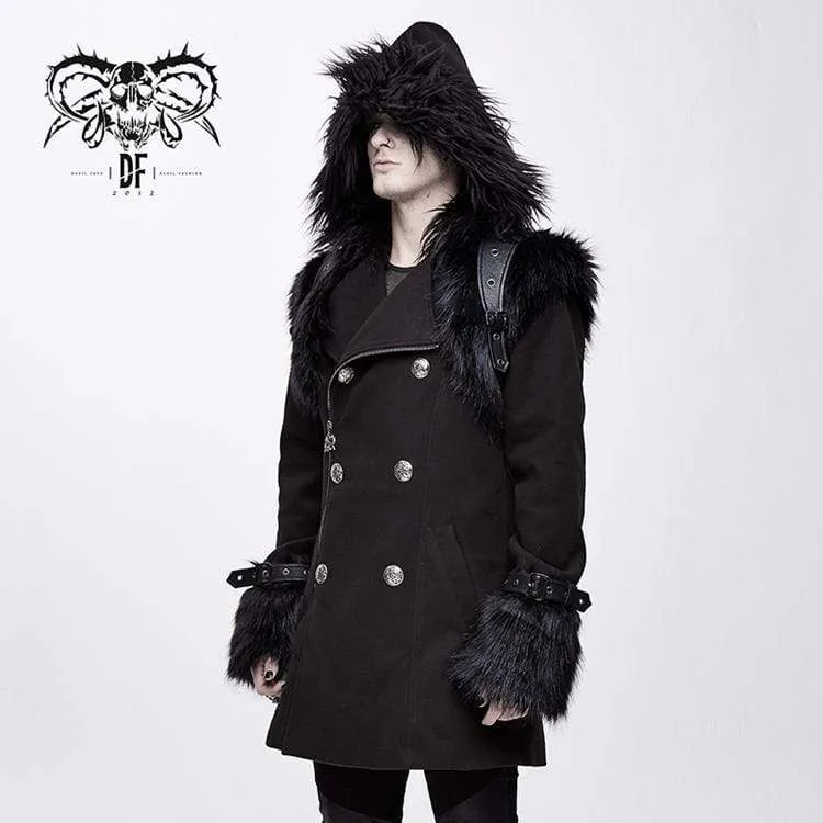 Men's Double-Breasted Faux Fur Hooded Coat for Goths