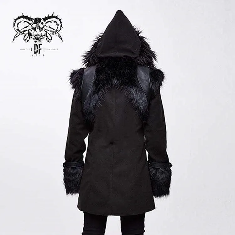 Men's Double-Breasted Faux Fur Hooded Coat for Goths