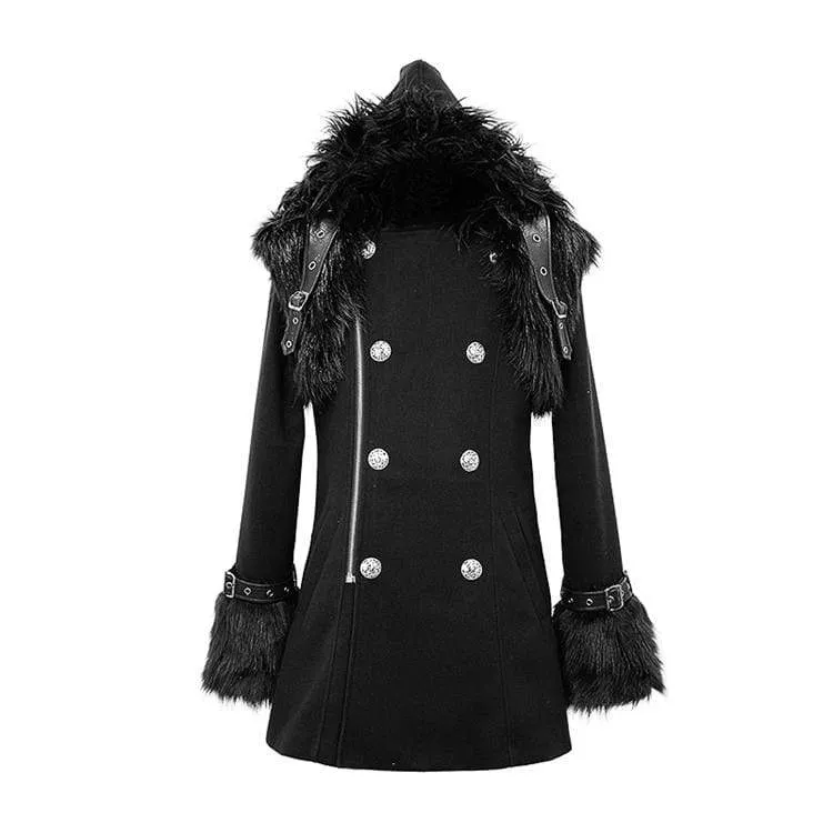 Men's Double-Breasted Faux Fur Hooded Coat for Goths