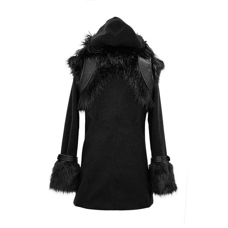 Men's Double-Breasted Faux Fur Hooded Coat for Goths