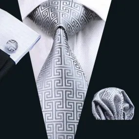 Stylish Men's Formal 100% Silk Gray Woven Tie, Handkerchief, Cufflinks Collection