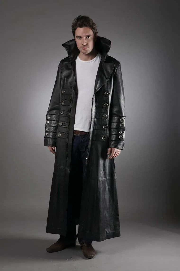 Men's Military Leather Trench Coat in Black