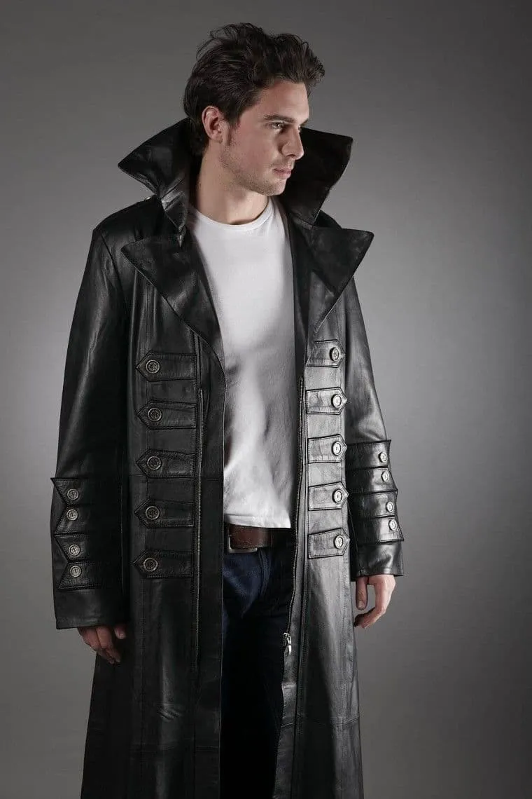 Men's Military Leather Trench Coat in Black