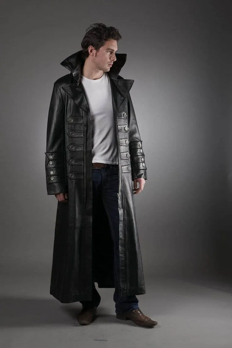 Men's Military Leather Trench Coat in Black