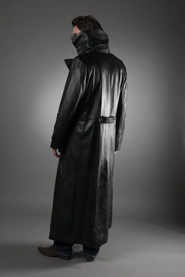 Men's Military Leather Trench Coat in Black