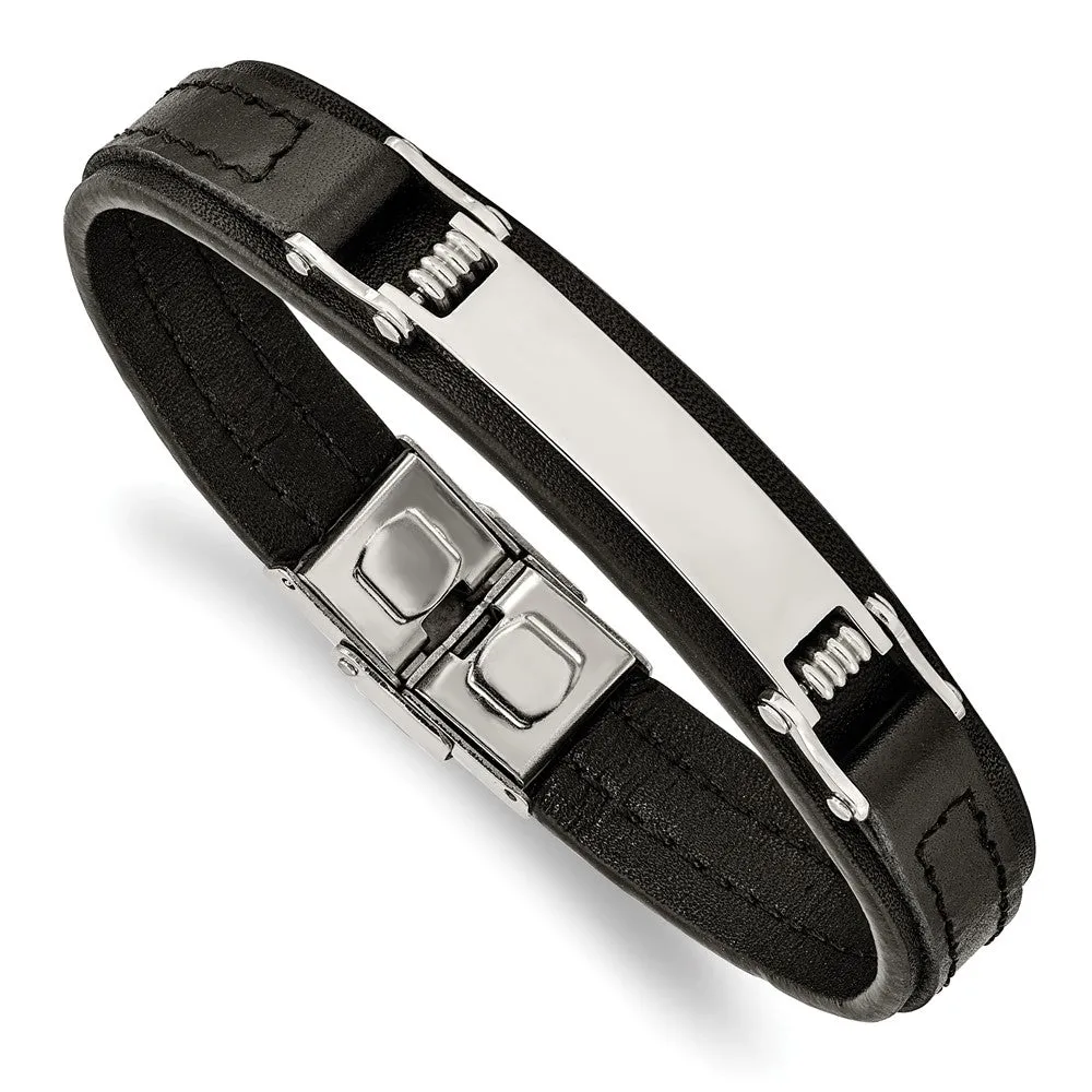 Men's 8.25 Inch Stainless Steel & 13mm Black Leather I.D. Bracelet