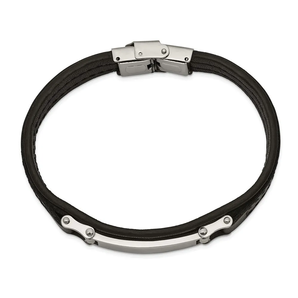 Men's 8.25 Inch Stainless Steel & 13mm Black Leather I.D. Bracelet