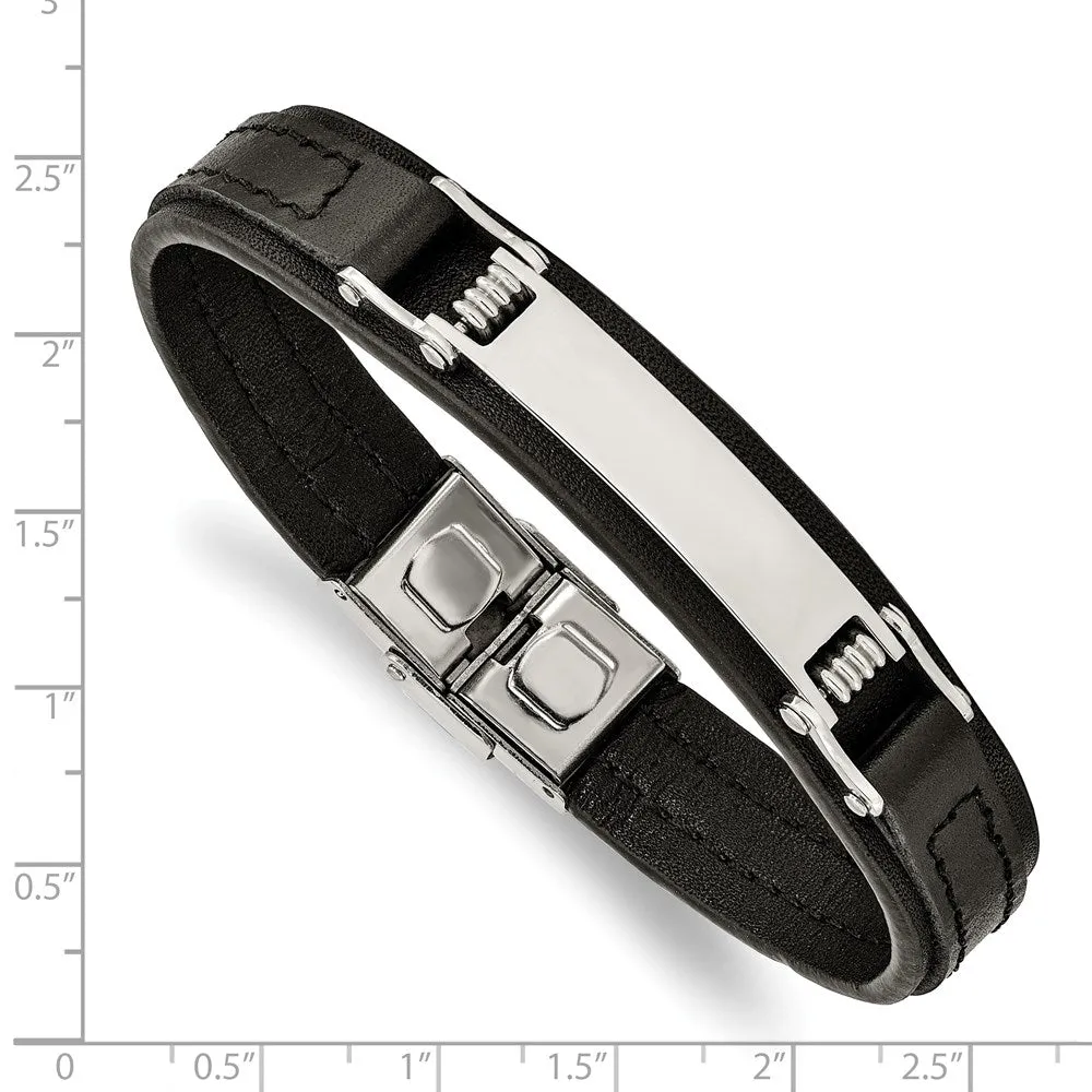 Men's 8.25 Inch Stainless Steel & 13mm Black Leather I.D. Bracelet