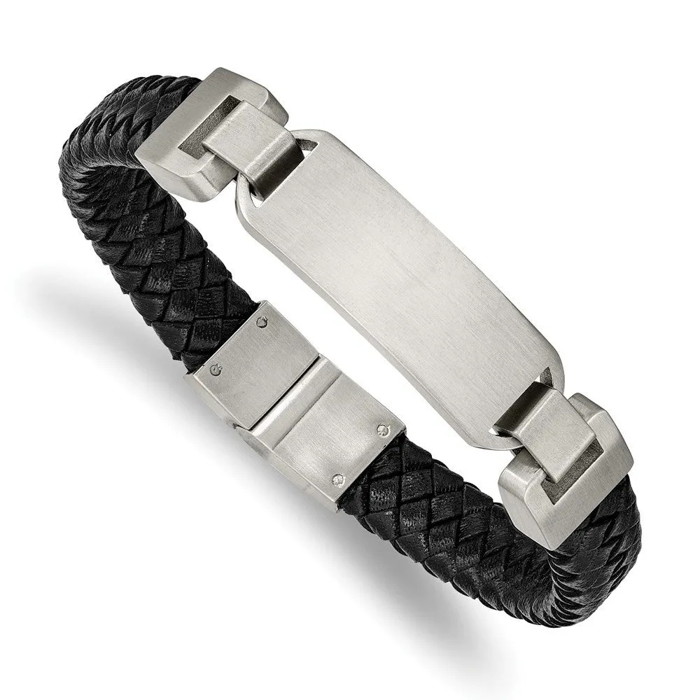 Men's 8.5 Inch Stainless Steel & Black Leather Brushed I.D. Bracelet